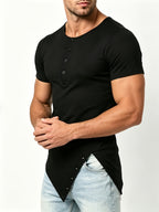 Men's Summer Irregular Slant Hem Slim Fit Comfortable Breathable Simple Solid Color Henley Shirt - Black