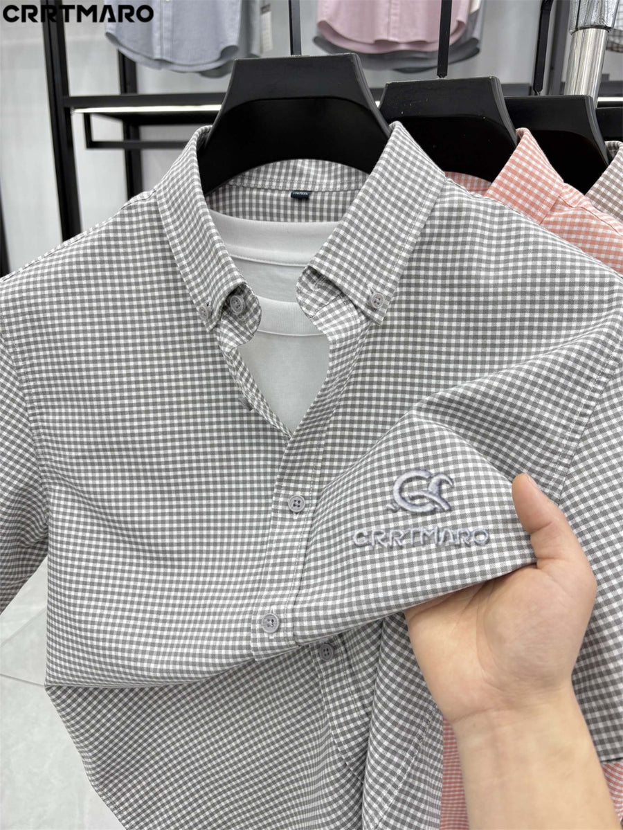 Cartmaro Summer New Men'S Business Casual Plaid Short Sleeve Shirt Middle-Aged Wrinkle-Free Trendy All-Match Shirt DM - Gray Grid