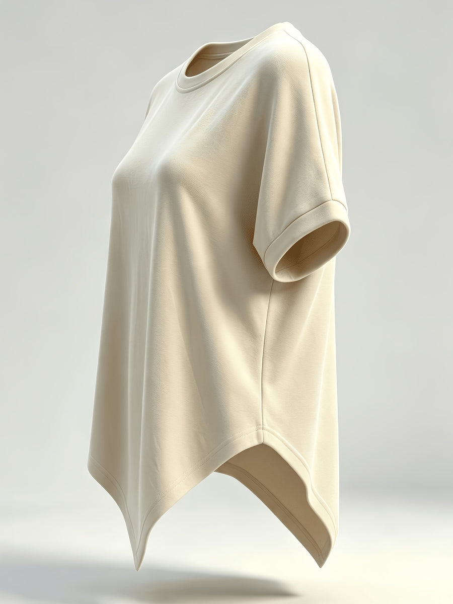 Women's Round Neck Irregular Hem Short Sleeve T-Shirt with Back Center Spliced Design, and Figure-Flattering, Versatile Daily Wear Base Layer Top - Apricot