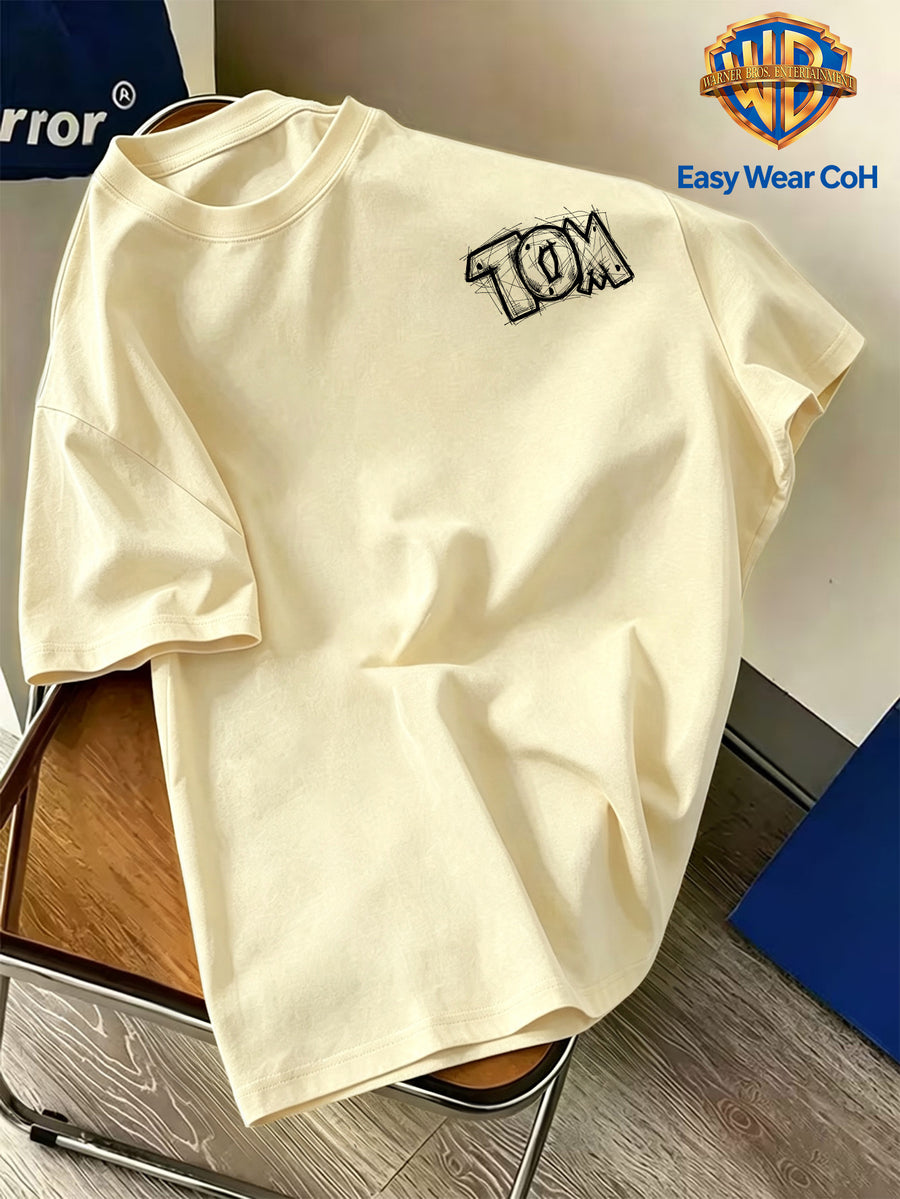 Warner Authorized New Preppy Style Men'S Short Sleeve T-Shirt, Hand-Drawn Sketch Style Cartoon Creative Niche Pattern Print, Chest with "TOM" Letter Sketch, Unique And Non-Mass-Produced, Comfortable Breathable Skin-Friendly Fabric - Apricot