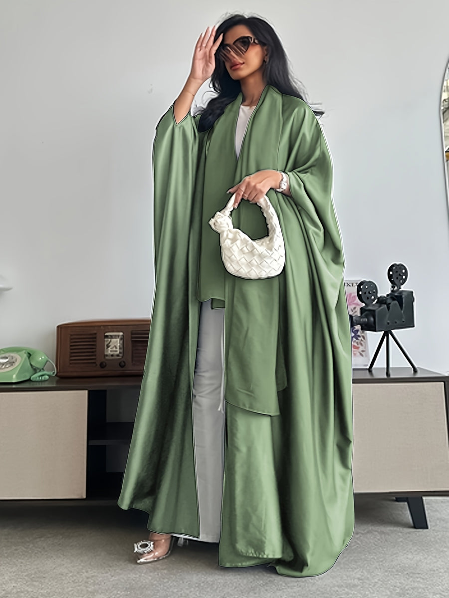Middle Eastern Muslim Solid Color Loose Robe with Batwing Sleeves, Long Dubai Cardigan with Headscarf - Light Green
