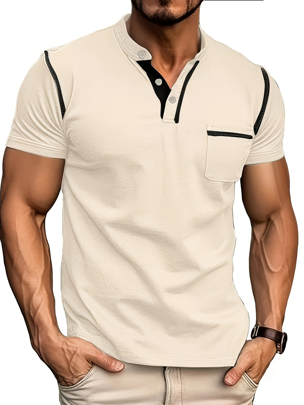 2025 Summer New Arrival Men's Color-Block Striped Short-Sleeve Henley Shirt, Cool and Breathable - Apricot
