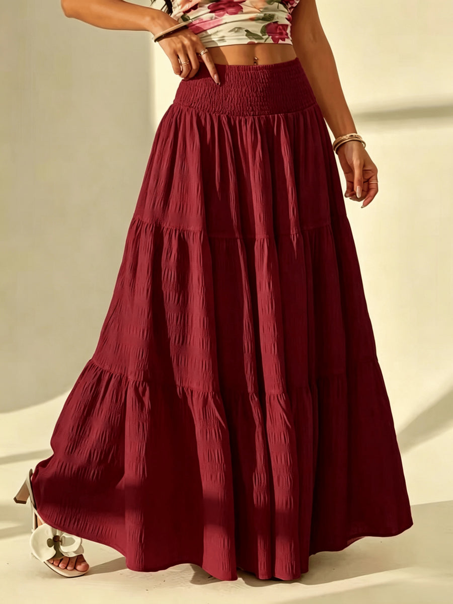 Bohemian Tiered Maxi Skirt, High-Waist Smocked A-Line Flowy Long Skirt, Casual Loose Pleated Solid Color Skirt for Beach Vacation Daily Wear, Women'S Fashion - Red