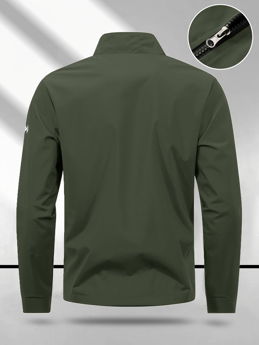 Trendy Vintage Men's Spring/Autumn New Casual Versatile Jacket Outdoor Sports Windproof Coat with Contrasting Color Stand Collar, Transitional Layering Essentials - Olive