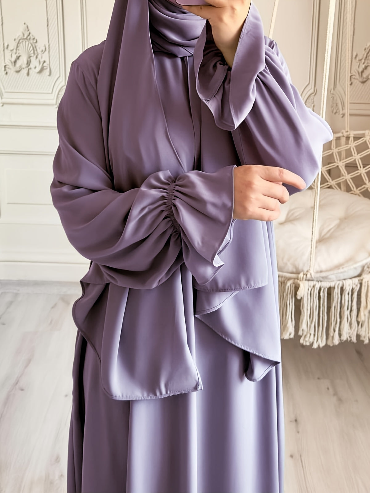 1pc Fashionable, Elegant And Casual One-Piece Solid-Colored Bellows Sleeve Suitable for Daily Wear. Loose And Comfortable Women'S Abaya Robe - Violet