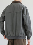 Jingmeleng Selection Men's New Outdoor Workwear Vintage Lapel Jacket - Contrast-Color Corduroy Collar - Solid Color Fabric with Drawstring - Metal Vintage YKK Zipper - Hem and Cuff Ribbed Design - Loose Fit Fashionable Trendy Casual Outerwear - Gray Green