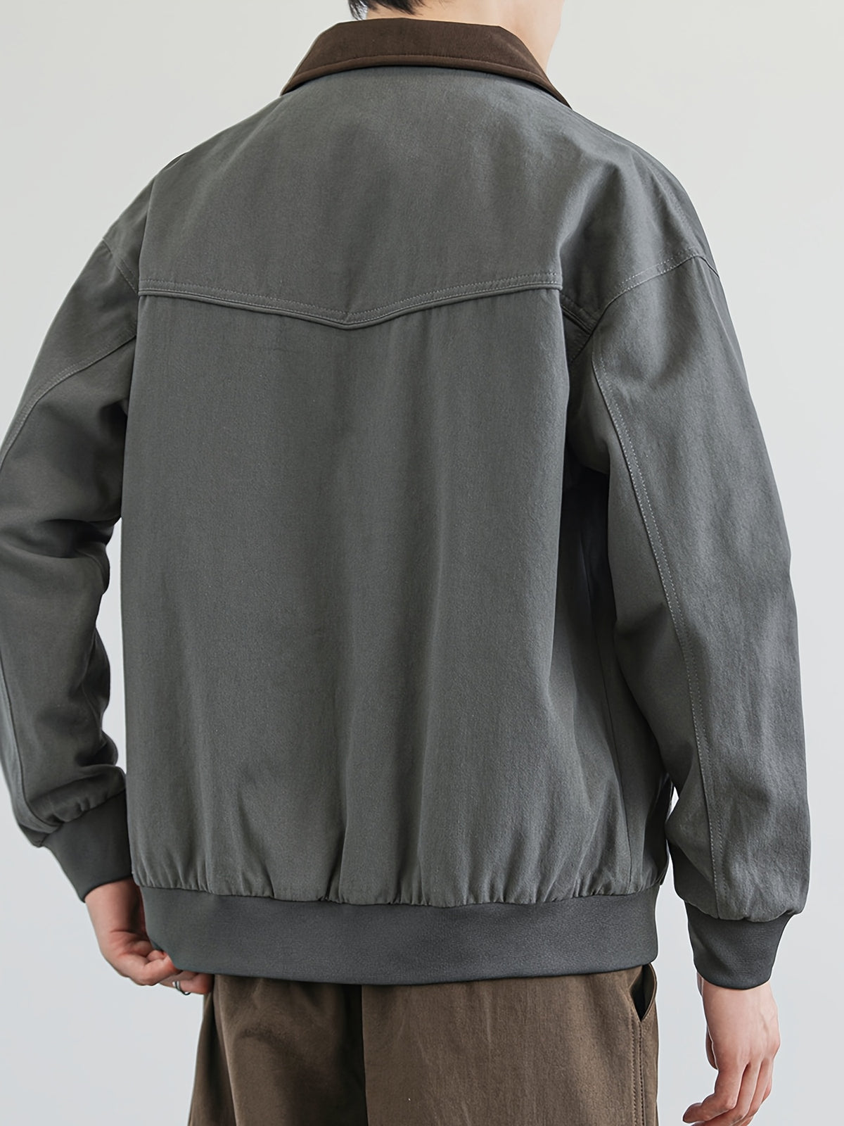 Jingmeleng Selection Men's New Outdoor Workwear Vintage Lapel Jacket - Contrast-Color Corduroy Collar - Solid Color Fabric with Drawstring - Metal Vintage YKK Zipper - Hem and Cuff Ribbed Design - Loose Fit Fashionable Trendy Casual Outerwear - Gray Green
