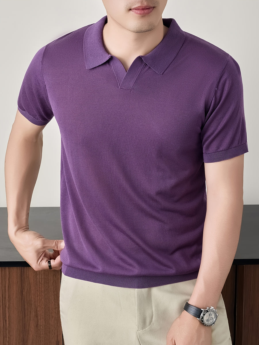 Maqiqi OBM New Spring/Summer Men's Knitted Pullover, Old Money Style Solid Color Clean Cut Half-Open Placket Scissor Collar Lapel Ribbed Knit Short Sleeve T-Shirt, Men's Casual Fashion Thin Breathable Pullover Sweater Knit Base Layer Top - Purple 1