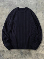 Autumn Winter Men'S Old Money Style Round Neck Asymmetrical Checkered Cable Knit Basic Solid Color Versatile Sweater - Black