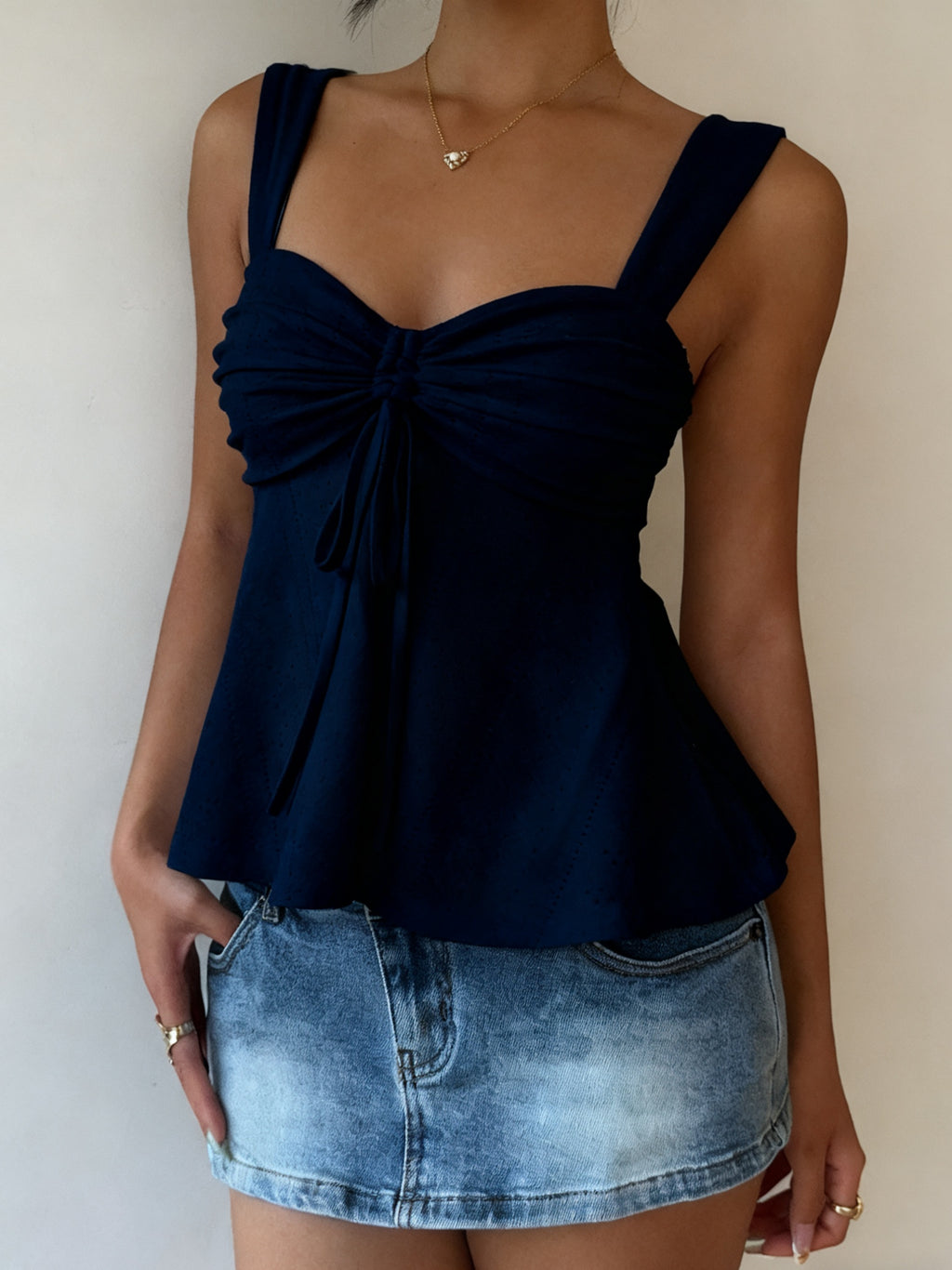 Women's Casual Drawstring Front Tie Camisole, Women's Outerwear Top, Vacation, Cute Top - Navy blue color