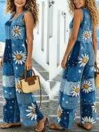 Women's Spring Summer Daisy Patchwork Print Sleeveless Wide Leg Jumpsuit with Pockets, Loose Casual - Mixed colors