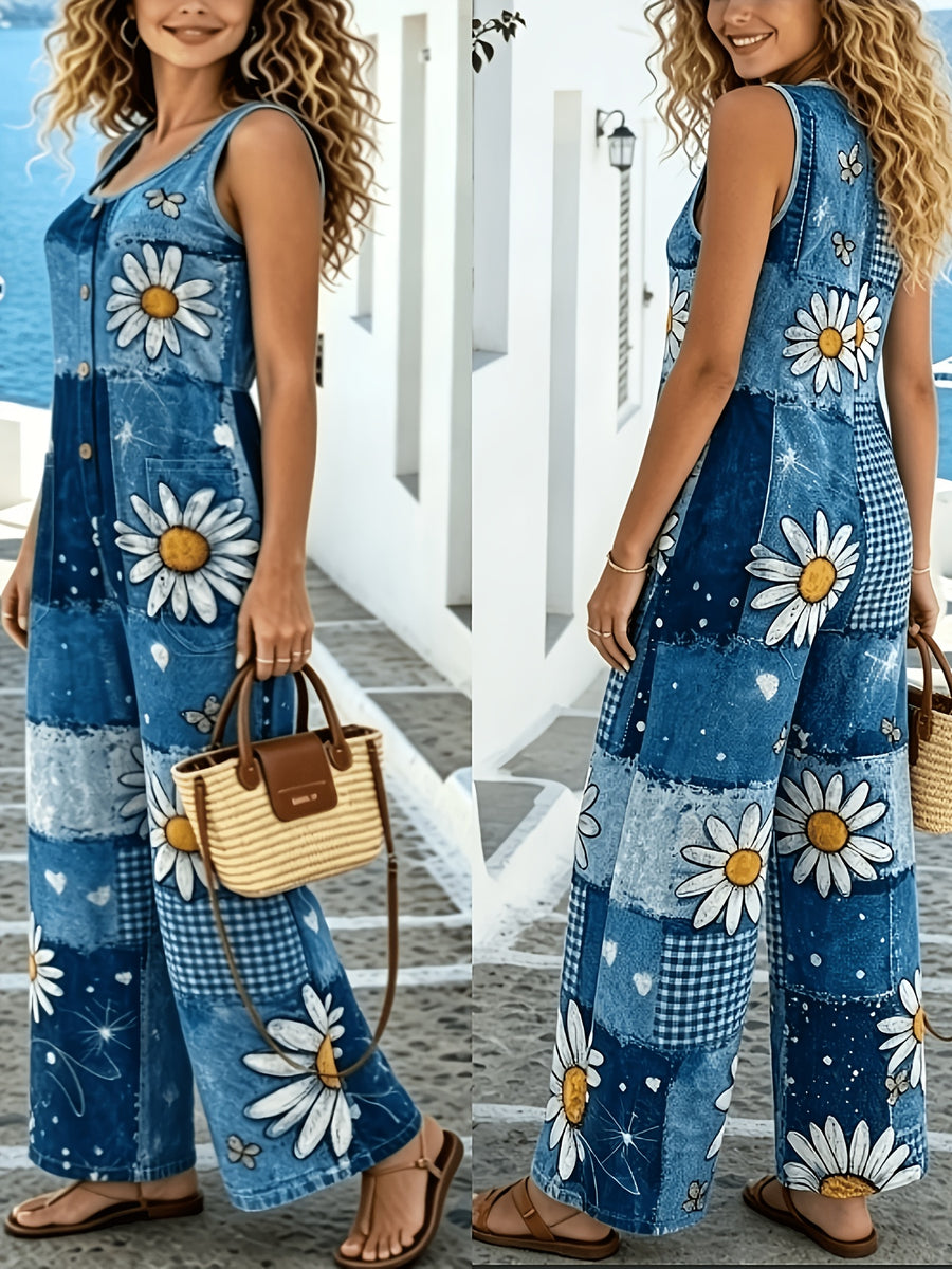 Women's Spring Summer Daisy Patchwork Print Sleeveless Wide Leg Jumpsuit with Pockets, Loose Casual - Mixed colors