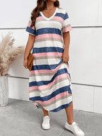 Plus Size Women'S Contrast Striped Printed Loose Curve Hem V-Neck Short Sleeve T-Shirt Long Nightgown, Ultra-Comfortable Home Sleepwear - Mixed colors