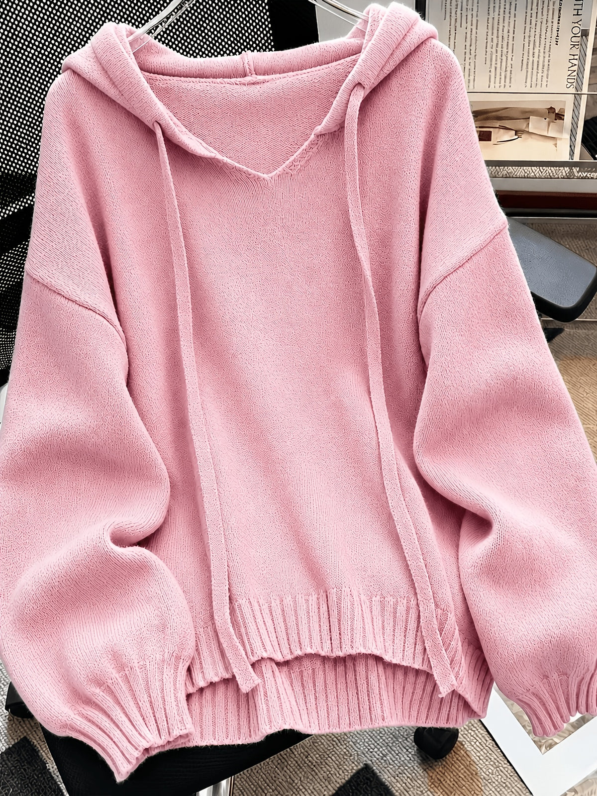 Korean-style Loose Fit Casual Hooded Sweatshirt, Autumn/Winter Solid Color Simple Versatile Drop Shoulder Lantern Sleeve Hoodie, 2026 New Fashion Women's Clothing - Pink Color