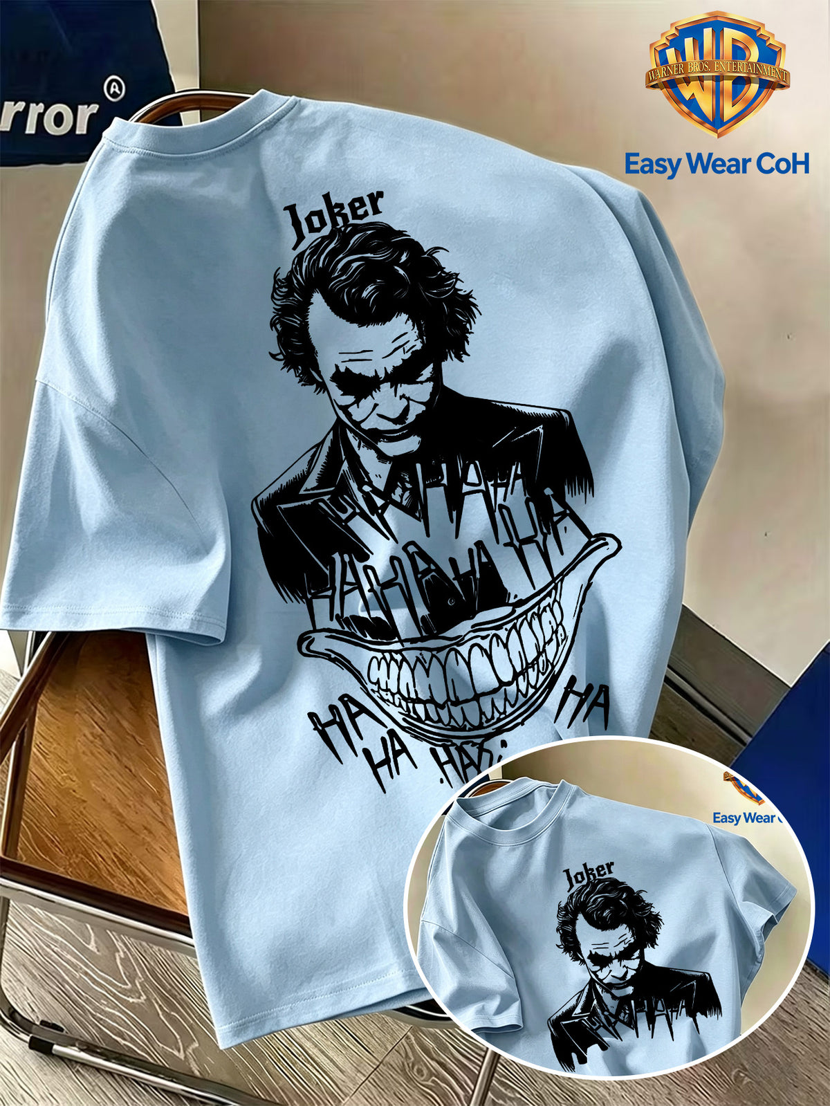 Warner Official Licensed Men'S New Front Back Print Round Neck Short Sleeve T-Shirt, Hand-Drawn Sketch Style Joker JOKER Black And White Sketch HA HA Laughing Element Line Print Design, Breathable Skin-Friendly Soft Fabric - Light Blue