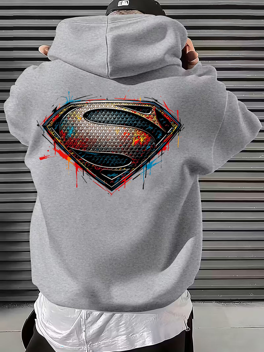 WB Men's & Unisex Superman S Logo Hoodie Sweater - Official Licensed Plush Hooded with Iconic Superman Print, Adjustable Drawstring Hood, Loose Fit for Winter Warmth, Machine Washable Casual Apparel Suitable for Autumn - Light Grey