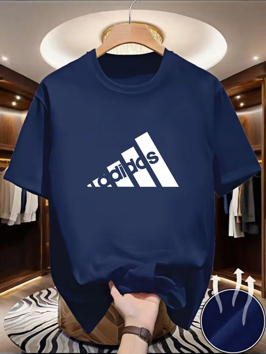 Men'S T-Shirt Spring And Summer Casual Style Printed Design Versatile Fitness Exercise Outdoor Vacation Men'S Top Quick Drying - Navy Color