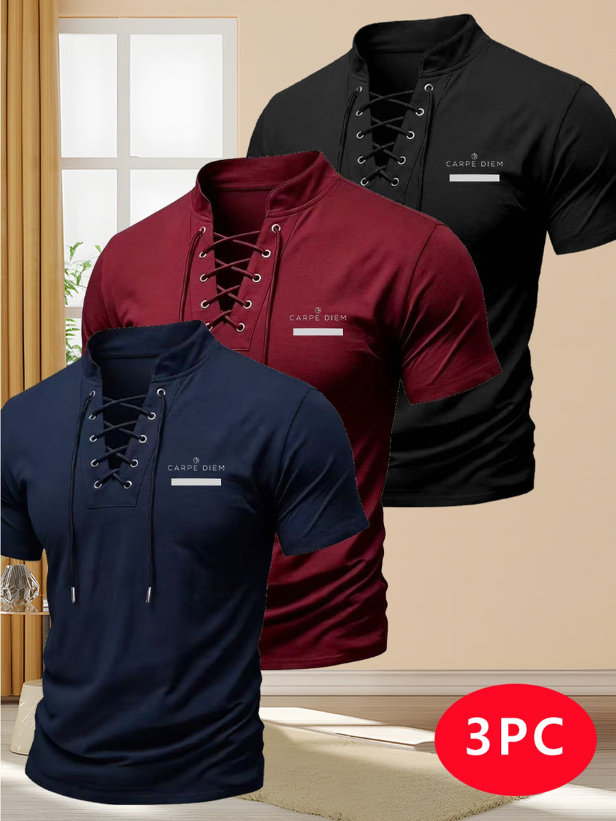 Men's Three-pc Summer New Arrival Solid Color Stand Collar Short Sleeve T-Shirt, American Vintage Style with Unique Drawstring Cross-Over Shoulder Straps, Slim Fit Fashionable Casual Streetwear Sporty Short Sleeve Top. Outdoor Travel Daily Wear - Black+Red+Navy