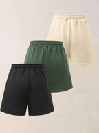 3pcs Women'S Casual Jogger Shorts - Floral Butterfly Print, Drawstring Loose Fit Summer Elegant Sports Shorts, Machine Washable - Black + Apricot + Green