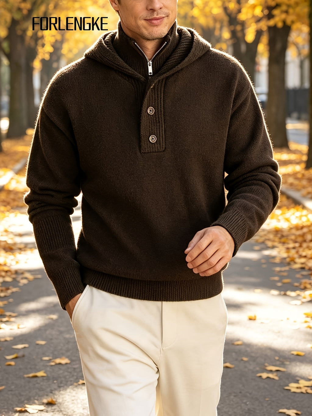 FORLENGKE Men'S Intercity Lightweight Travel Wind Hooded Double Placket Knit Top, Zipper Button-Up Dual Adjustable Style Flexible, Autumn Winter Short Distance Travel Self-Driving Roaming Golf Sports Outdoor Camping Casual Outerwear Top - Coffee Color