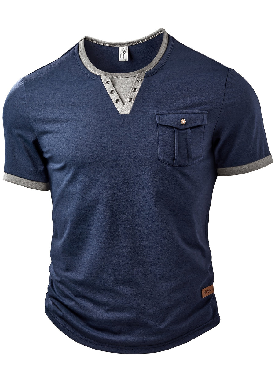 Men's Fashion Top, Spring/Summer Outdoor Casual Knitwear, Color-Block Patchwork Henley Shirt with Patch Pocket and Short Sleeves - Royal Blue