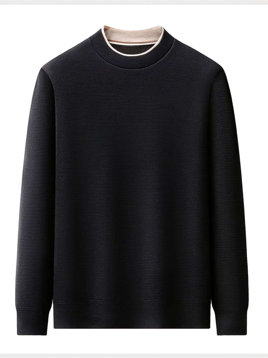 Men'S Round Neck Knit Sweater, Gray Contrast Trimmed Collar Long Sleeve, Light Business Style, Regular Fit for Fall/Winter, Suitable for Layering And Casual Outings - Black