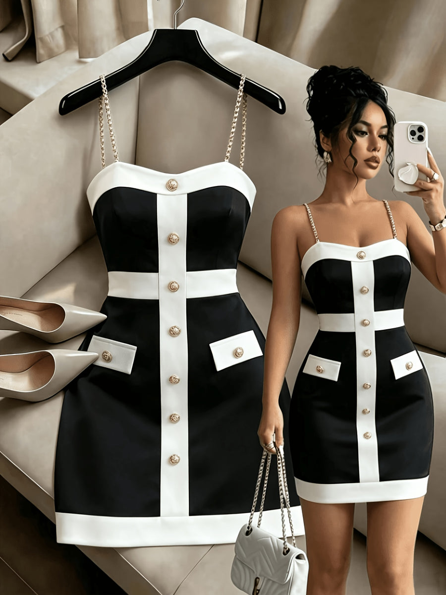 Elegant Black White Color Block Chain Strap Mini Dress for Women, Fashion Contrast Trim Dress, Sophisticated Golden Button Fake Pocket Design Chic Short Dress, Ideal for Party Club Daily Dating Outfit - Black
