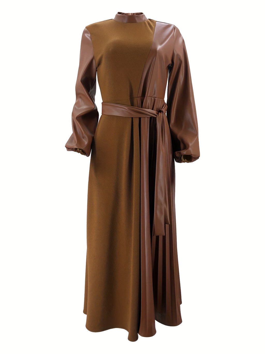 Middle Eastern Muslim Solid Color Pleated Long Split Women's Dress - Orange Brown