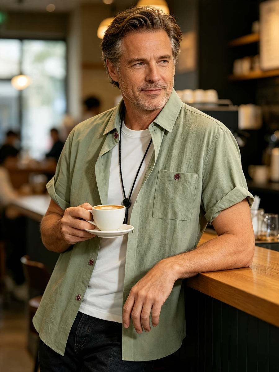 Men'S Summer Solid Color Casual Short Sleeve Shirt Pocket Design Breathable And Comfortable Fabric Beach Vacation Casual Top Daily Versatile Commute Shirt - Matcha Color