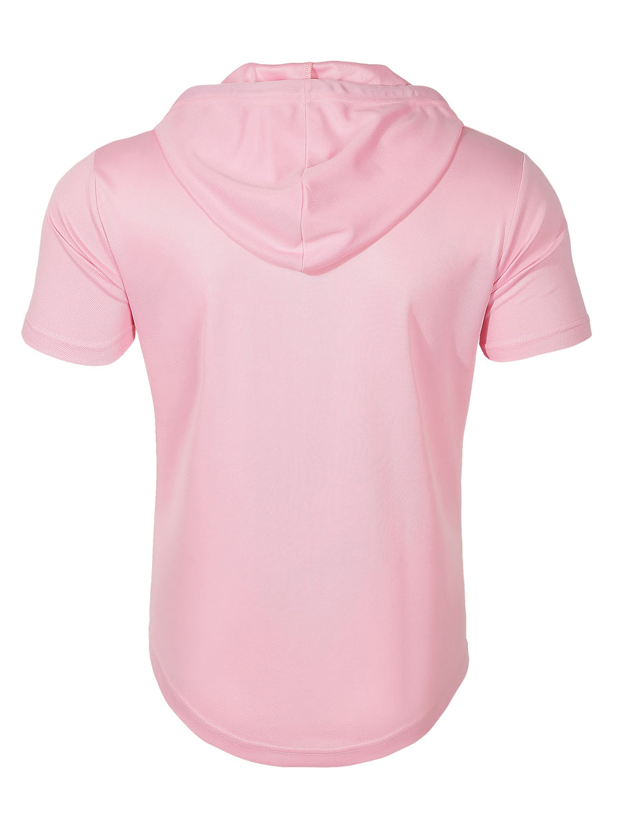 1 Men's Casual Henley Shirt, Men's Sportswear Fitness Hooded Short-Sleeve T-Shirt, Summer Hooded Sports Top T-Shirt - Pink Color