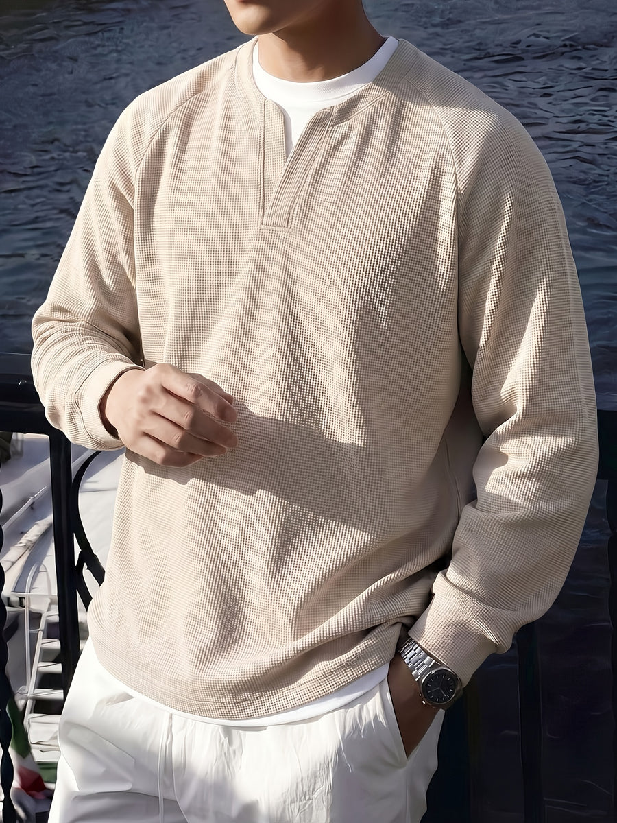 Men's Business Casual Henley Collar Long Sleeve Shirt Waffle Knit Breathable Raglan Sleeve Loose Fake 2pcs Top for Spring Autumn Outdoor Travel Daily Wear - Apricot