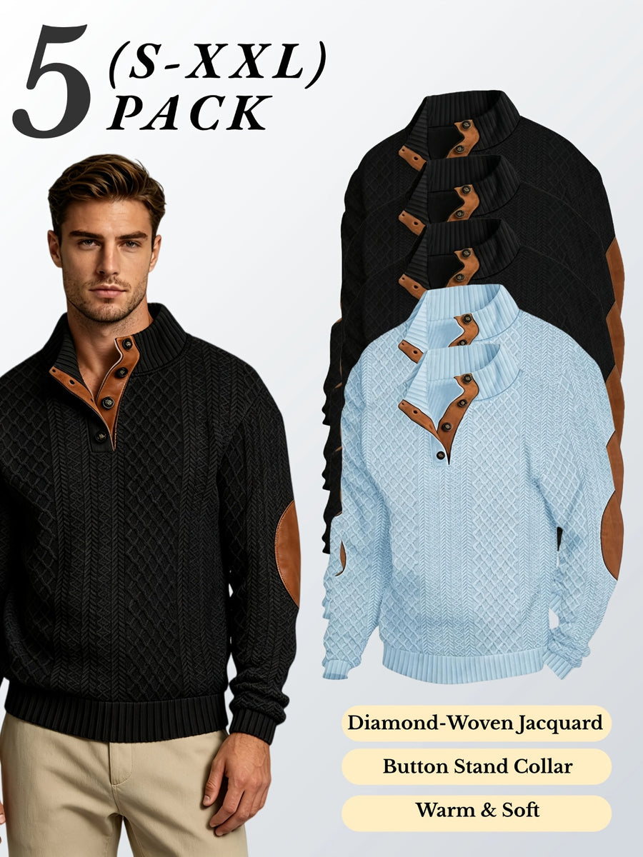 5pcs Set Men's Textured Jacquard Knit Vintage Casual Button-Up Stand Collar Long Sleeve Top, Versatile Basic Solid Color for Autumn/Winter Outings and Home Wear - Black 3+ Sky Blue 2