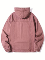 YASUYUAN Men's Light Color Denim Hooded Jacket - Loose Fit -Blend (Suitable for all-Season Wear) with Shrunk Hem & Sleeve Roll, Casual Outerwear, Machine Washable Denim Coat - Burgundy