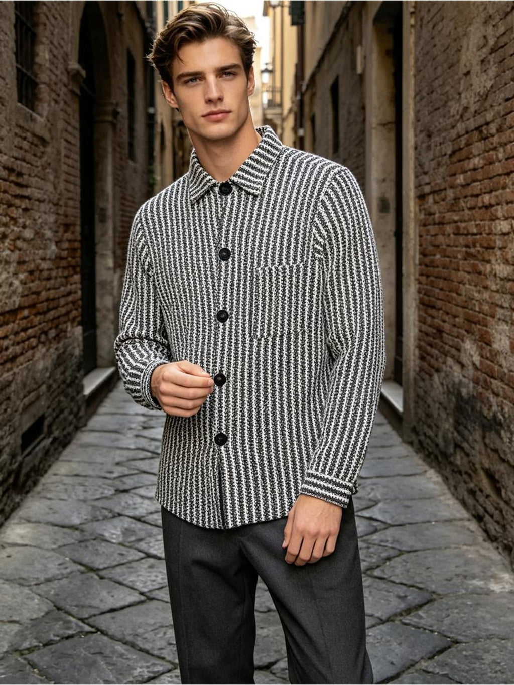 Men'S 5pcs Striped Button-Up Shirt Set, Mixed Colors, Multiple Sizes Available, Polyester Material, Classic Collar And Button Placket, Textured Look, Ideal for Autumn Wear, Hanging on Black Rack by Window - Mixed colors