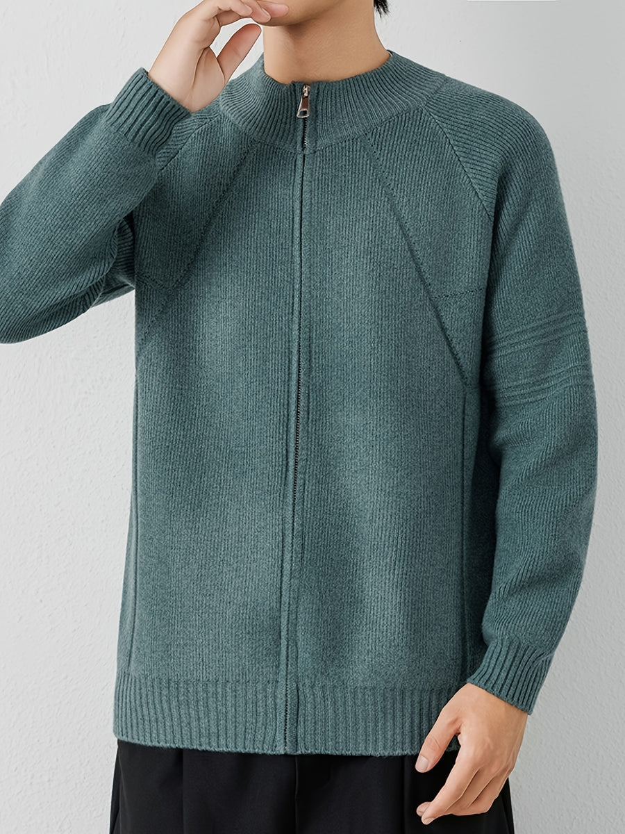 [Wading Whale OBM] 1pc Autumn Winter New Men'S Knit Cardigan, Old Money Style Textured Solid Color Round Neck Zipper Front Long Sleeve Sweater Vest Top, Men'S Casual Fashion, Suitable for Autumn And Winter Wear, Fits Daily Commute, Office Casual - Light Green