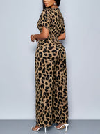 Print Batwing Sleeve Random Print Jumpsuit - Leopard Print