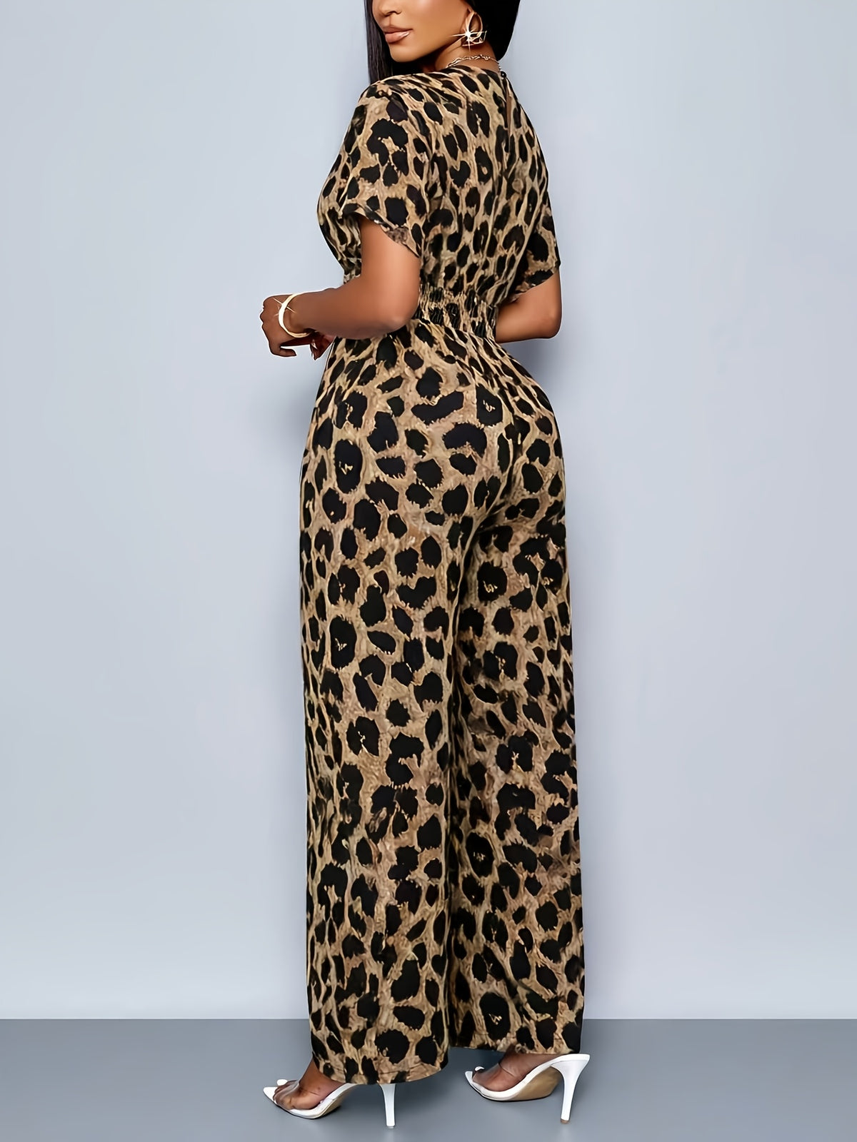 Print Batwing Sleeve Random Print Jumpsuit - Leopard Print
