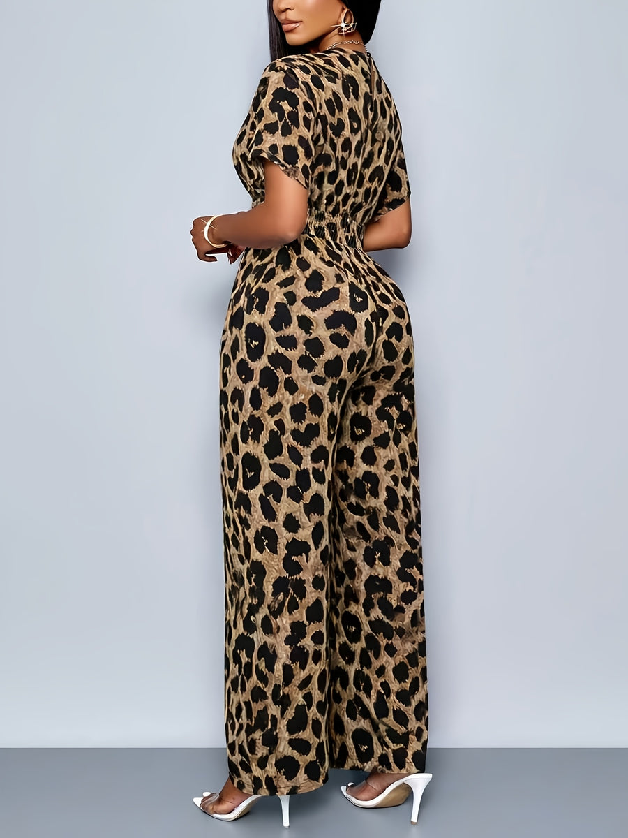 Print Batwing Sleeve Random Print Jumpsuit - Leopard Print