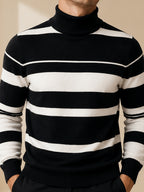[Whale-Crossing Lan OBM] Spring/Autumn New Men'S Knit Pullover Sweater, Old Money Style Color-Block Long Sleeve High-Neck Knit Pullover for Men, Business Casual Fashion Ribbed Sweater, Suitable for Spring, Autumn, Winter Layering Or Inner Wear - Black