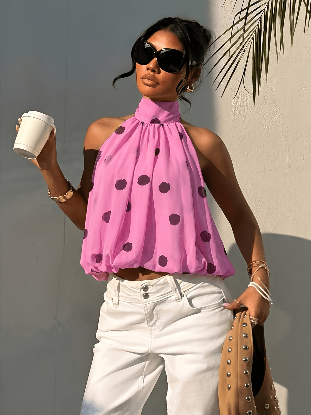 Women'S Elegant Polka Dot Print Backless Cami Top, Summer Slim Fit, Suitable for Holidays, Weddings, And Vacations. This Polka Dot Chiffon Top Features a Bud-Like Design, Off-The-Shoulder Cut, Perfect for Date Nights - pink