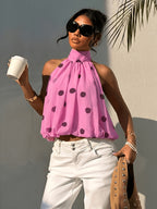 Women'S Elegant Polka Dot Print Backless Cami Top, Summer Slim Fit, Suitable for Holidays, Weddings, And Vacations. This Polka Dot Chiffon Top Features a Bud-Like Design, Off-The-Shoulder Cut, Perfect for Date Nights - pink