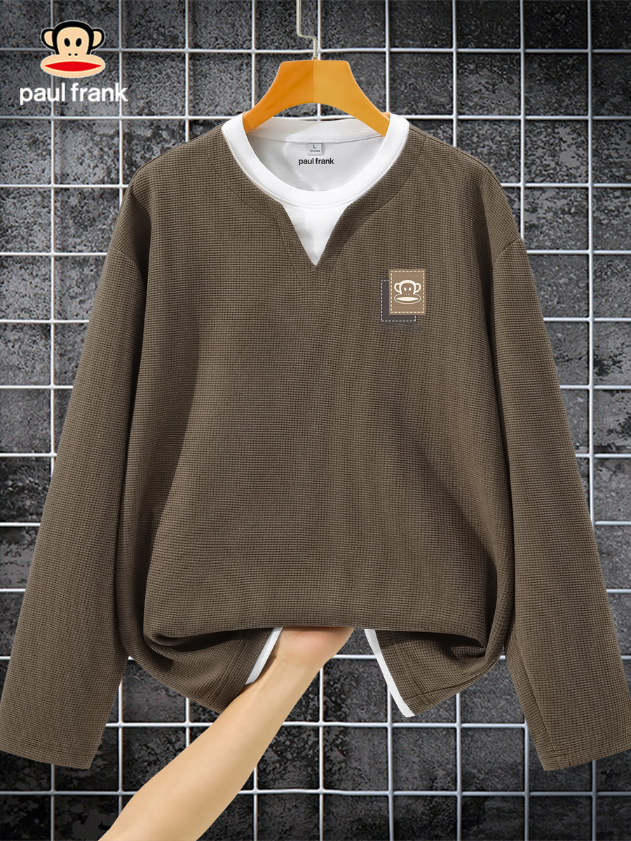 Paul Frank Men'S Waffle Fake Two-Piece Long-Sleeve T-Shirt for Spring And Autumn with Color-Blocked Logo Print - Coffee