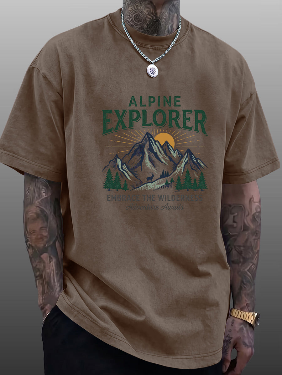 Short Sleeve T-Shirt Men'S Pure Loose Washed Distressed Top Mountain Adventure Forest Sunset Pattern Trendy Reversible Double-Sided Print Multicolor Casual American Street High Street Hip-Hop Style Daily Outing Commute Fitness Couple Style Y2K Natio - Brown