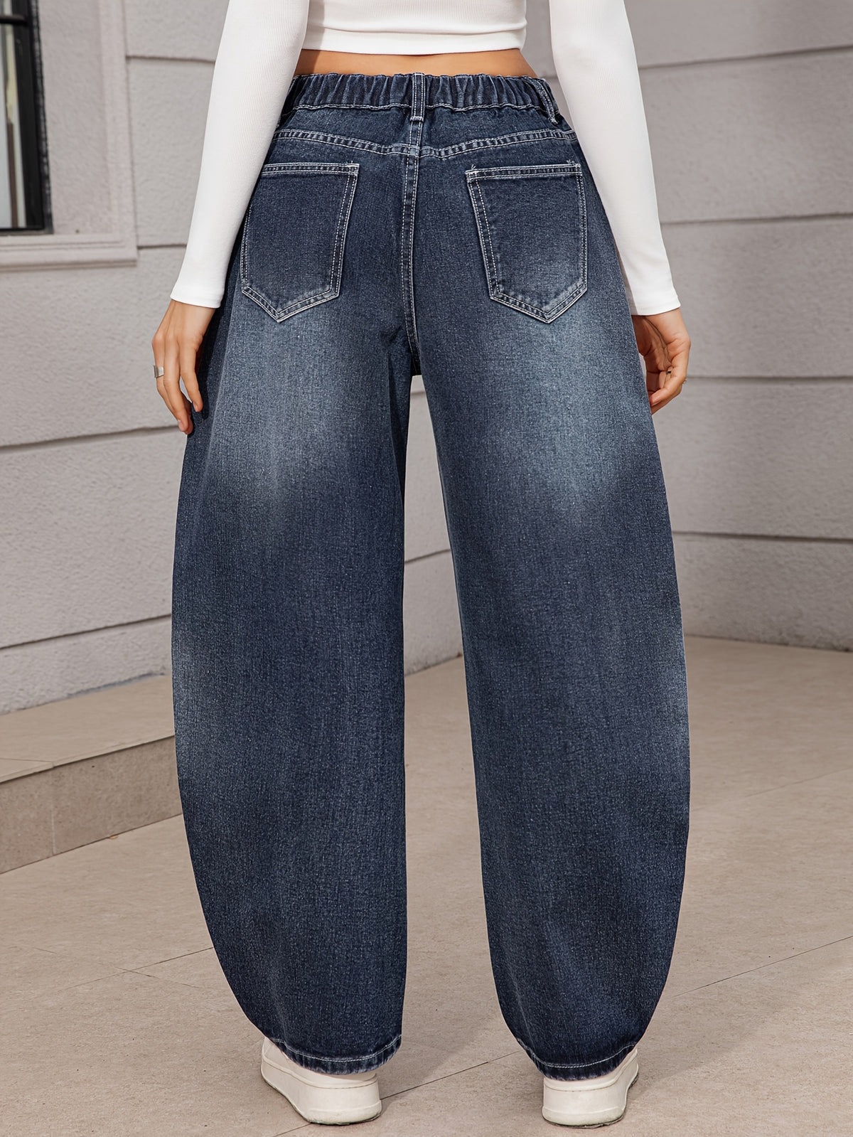 Women'S Fashion Trendy Non-Stretch Semi-Elastic Denim Loose Cuffed Long Pants, Women'S Easy Cuffed Dark Blue Long Trousers - Deep Blue