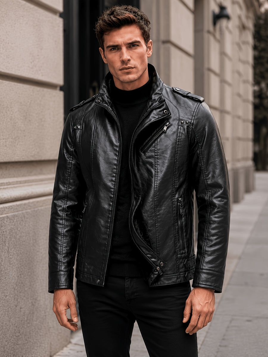Men's PU PU Leather Biker Jacket with Warm Plush Lining, Stand Collar, Asymmetrical Zip Front, Multiple Zipper Pockets, Shoulder Tabs and Stud Accents for Fall/Winter Commuting, Travel, Streetwear, Dating and Daily Wear - Black