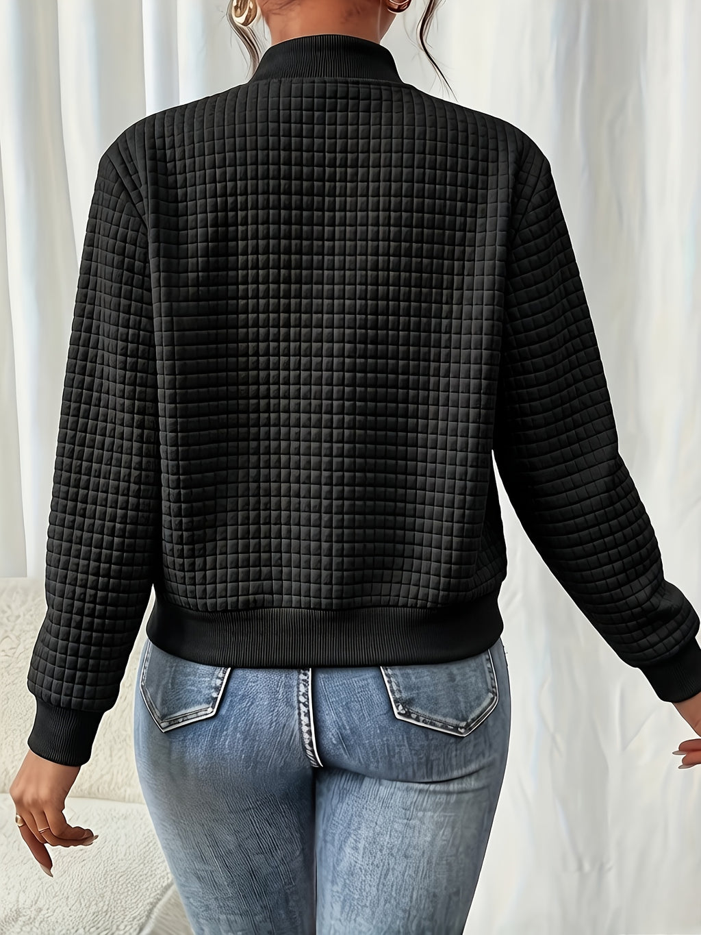 Women's Retro Rhombus Quilted Baseball Jacket - Zip-Up Short Jacket with Stand Collar, Lightweight Outerwear Suitable for Spring/Autumn, Machine Washable Zippered Blazer for Casual Office to Weekend Wear - Black