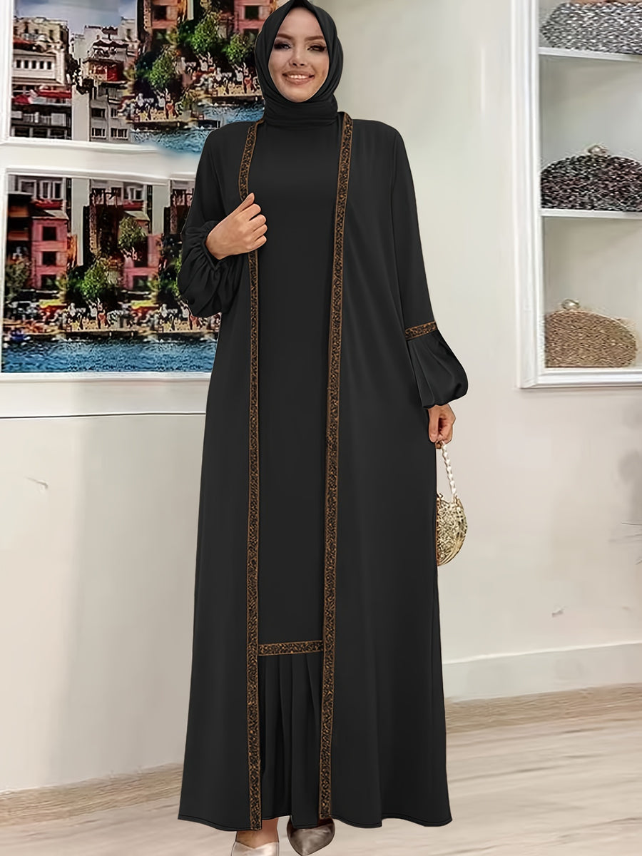 Women'S Middle Eastern Muslim Solid Color Vest Dress + Coat Two-Piece Set - Black