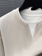 Spring And Autumn Men'S Pinstripe Knit Faux Two-Piece Sweatshirt Easy Small Lapel Fit Comfortable Skin-Friendly Casual Commuting Long Sleeve Pullover Sweater - Off White