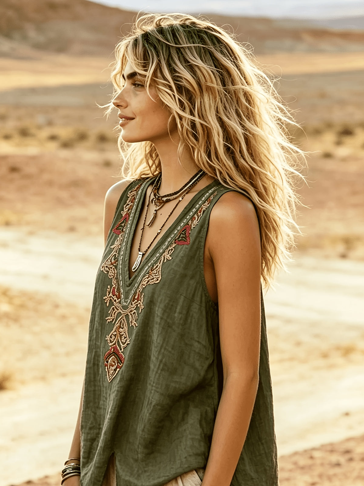V-Neck Paisley Floral Embroidered Fashion Vacation All-Match Women'S Vest ZCDX - Military Green