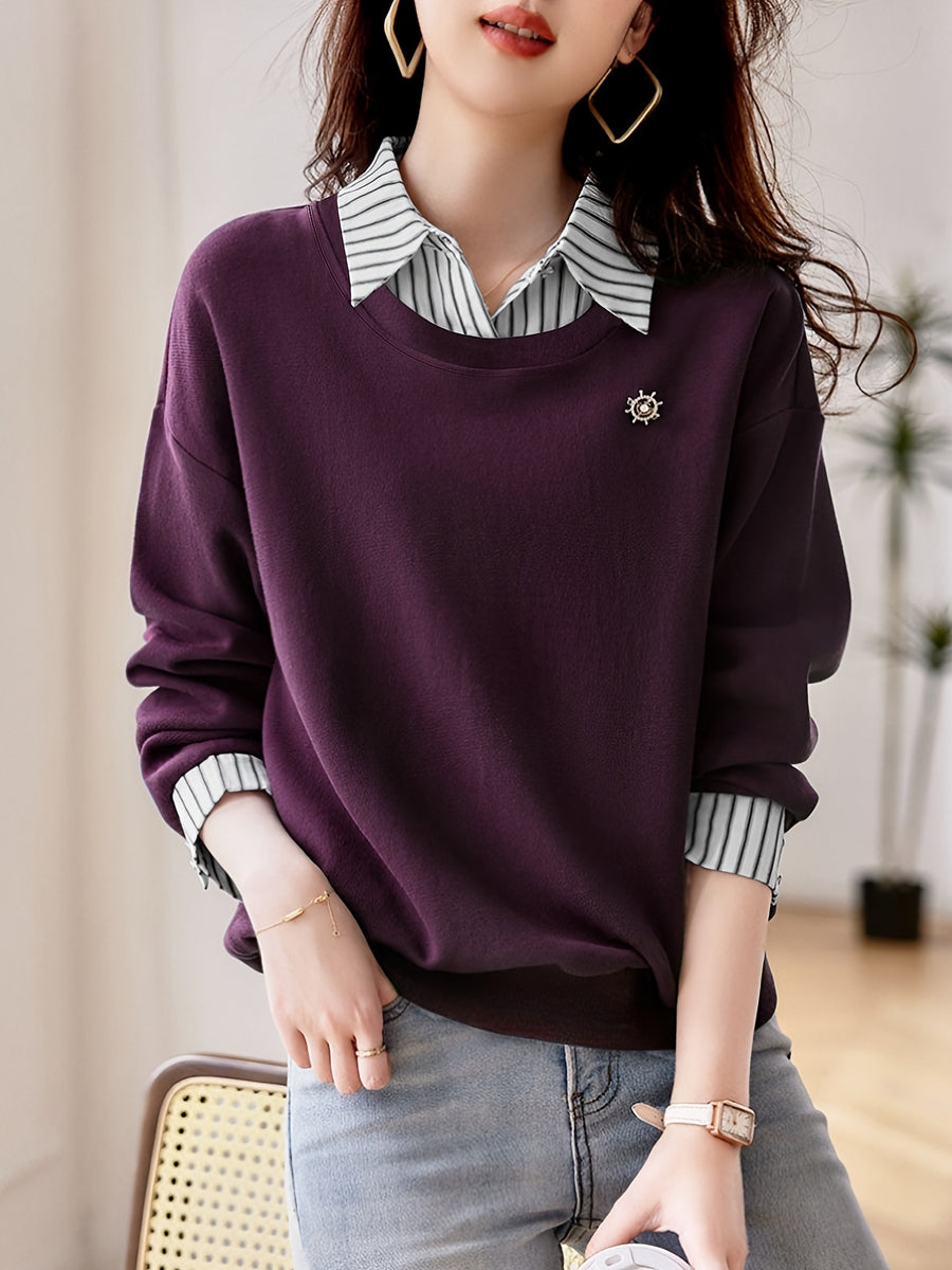 Women'S Fall Winter Casual Comfortable Fashion Long Sleeve Collared Striped Collar Polo Shirt - Fuchsia